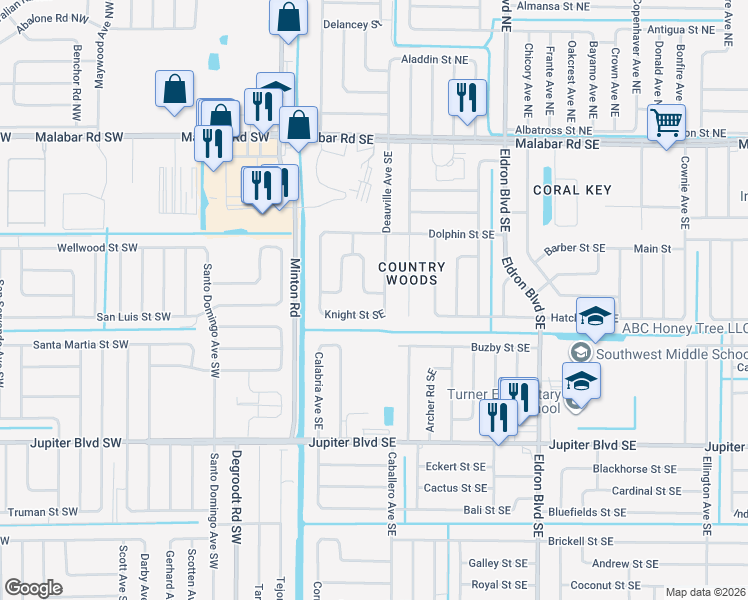 map of restaurants, bars, coffee shops, grocery stores, and more near 190 Angelo Road Southeast in Palm Bay