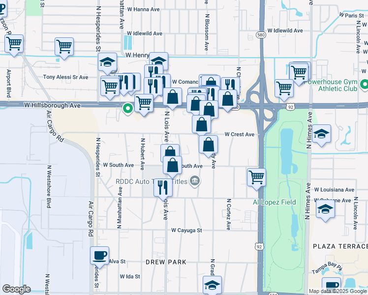 map of restaurants, bars, coffee shops, grocery stores, and more near 5029 North Clark Avenue in Tampa