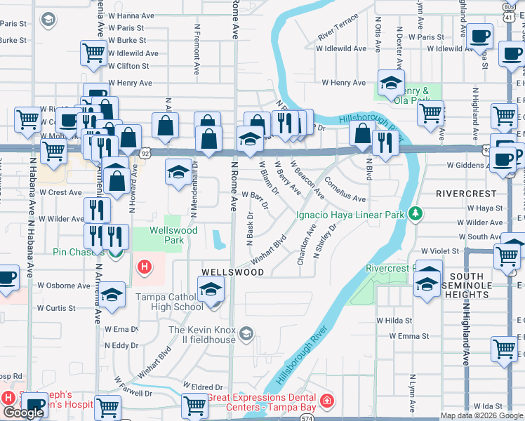 map of restaurants, bars, coffee shops, grocery stores, and more near 1508 West Barr Drive in Tampa