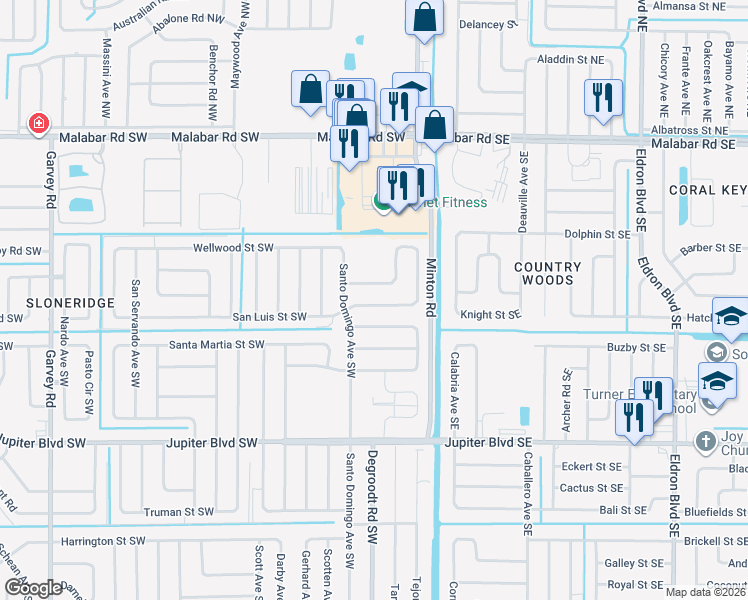 map of restaurants, bars, coffee shops, grocery stores, and more near 213 San Luis Street Southwest in Palm Bay