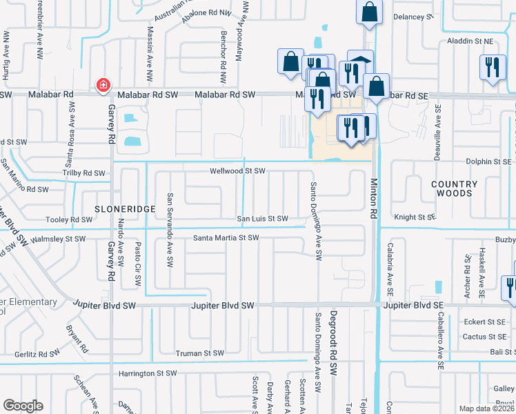 map of restaurants, bars, coffee shops, grocery stores, and more near 359 Trenton Avenue Southwest in Palm Bay