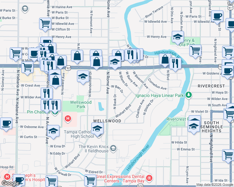 map of restaurants, bars, coffee shops, grocery stores, and more near 1023 North Bask Drive in Tampa