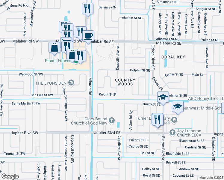 map of restaurants, bars, coffee shops, grocery stores, and more near 184 Angelo Road Southeast in Palm Bay