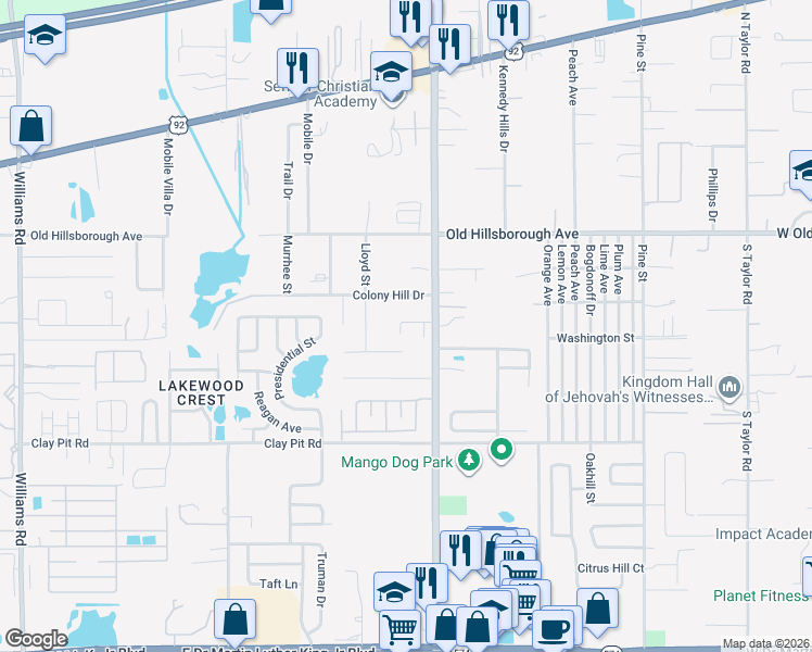 map of restaurants, bars, coffee shops, grocery stores, and more near 11617 Mango Ridge Boulevard in Seffner