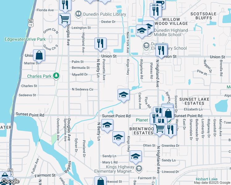 map of restaurants, bars, coffee shops, grocery stores, and more near 1988 Freedom Drive in Clearwater
