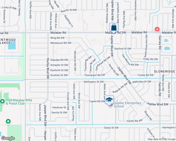 map of restaurants, bars, coffee shops, grocery stores, and more near 370 Tatum Rd SW in Palm Bay
