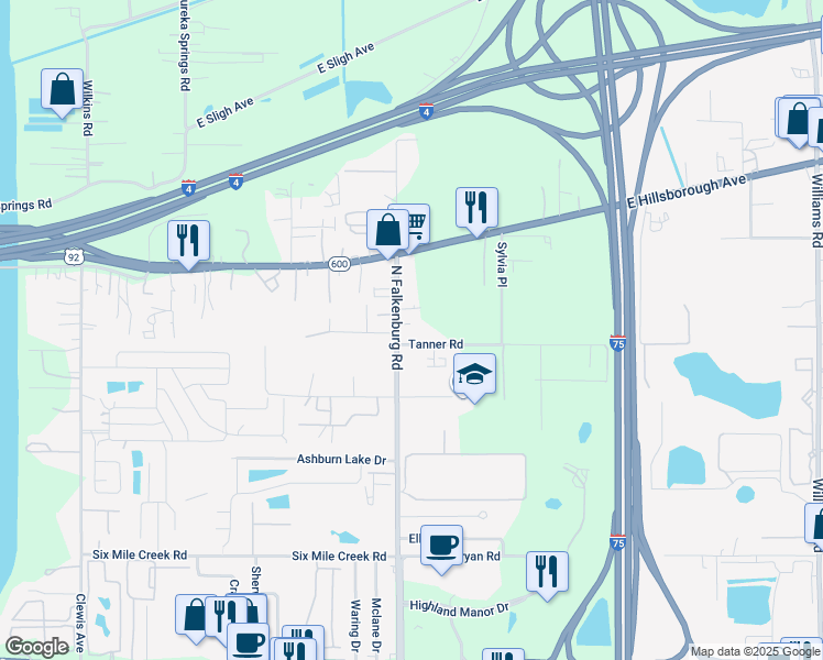 map of restaurants, bars, coffee shops, grocery stores, and more near 5305 North Falkenburg Road in Tampa