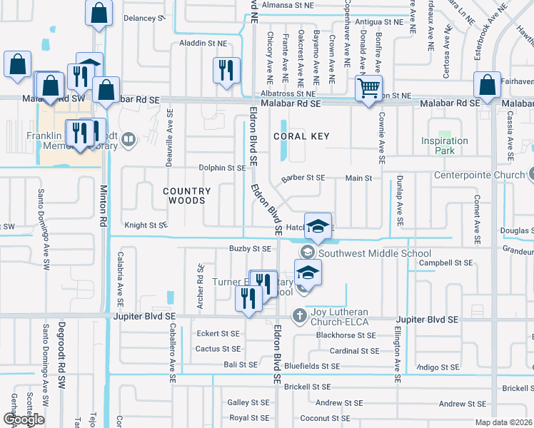 map of restaurants, bars, coffee shops, grocery stores, and more near 290 Eldron Boulevard Southeast in Palm Bay
