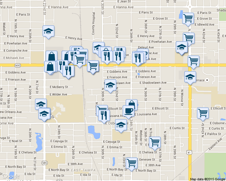 map of restaurants, bars, coffee shops, grocery stores, and more near 3105 East McBerry Street in Tampa