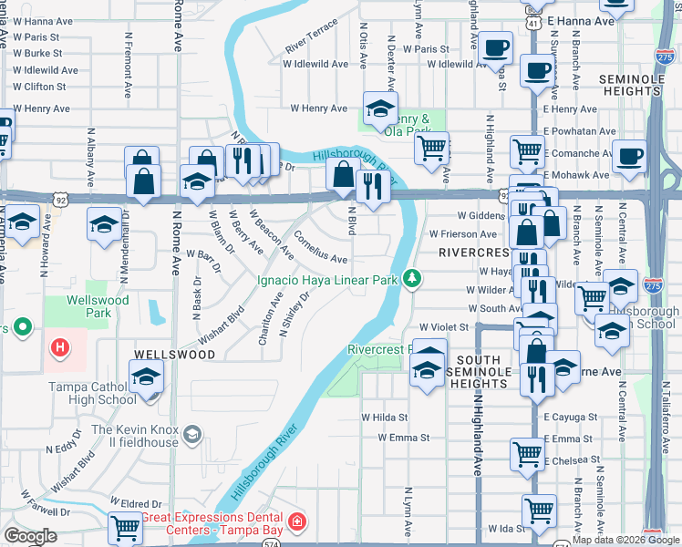 map of restaurants, bars, coffee shops, grocery stores, and more near 905 West Beacon Avenue in Tampa
