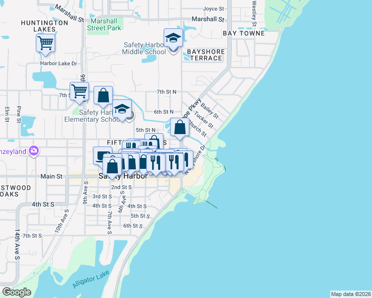 map of restaurants, bars, coffee shops, grocery stores, and more near 101-199 Jefferson Street in Safety Harbor