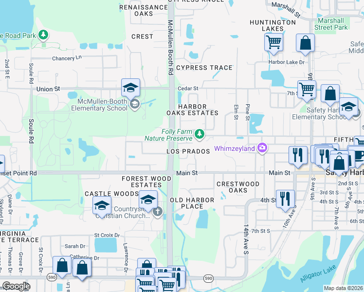 map of restaurants, bars, coffee shops, grocery stores, and more near 304 Los Prados Drive in Safety Harbor