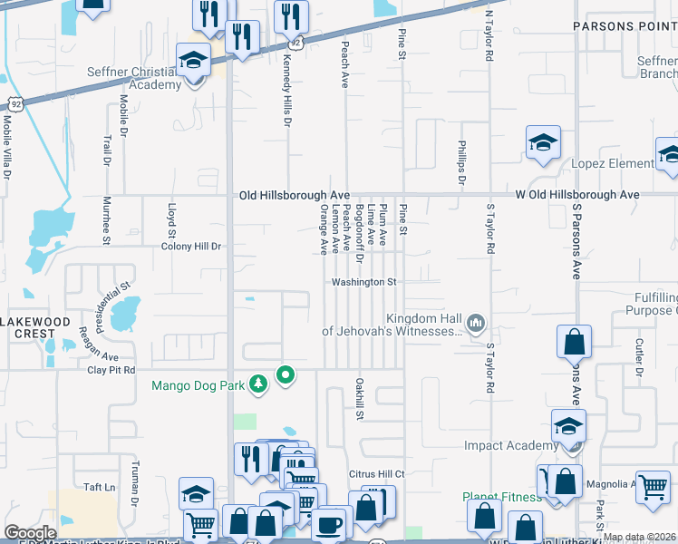 map of restaurants, bars, coffee shops, grocery stores, and more near 5302 Lemon Avenue in Seffner