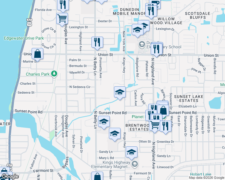 map of restaurants, bars, coffee shops, grocery stores, and more near 1988 Freedom Drive in Clearwater