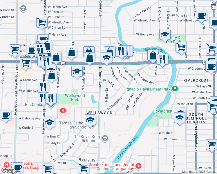 map of restaurants, bars, coffee shops, grocery stores, and more near 1023 North Bask Drive in Tampa