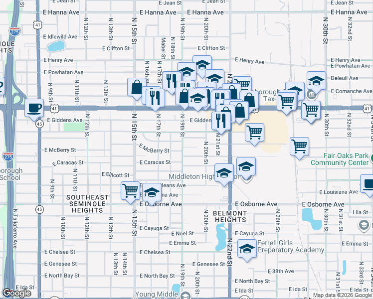 map of restaurants, bars, coffee shops, grocery stores, and more near 1903 East McBerry Street in Tampa