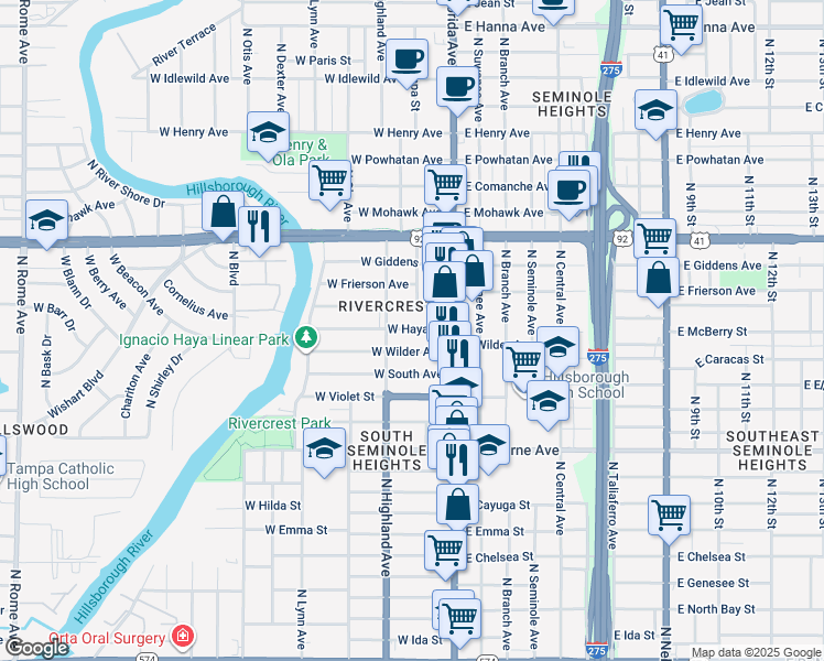 map of restaurants, bars, coffee shops, grocery stores, and more near 202 West Haya Street in Tampa