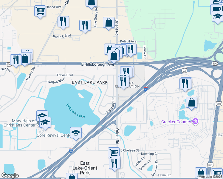 map of restaurants, bars, coffee shops, grocery stores, and more near 7316 Kingsbury Circle in Tampa