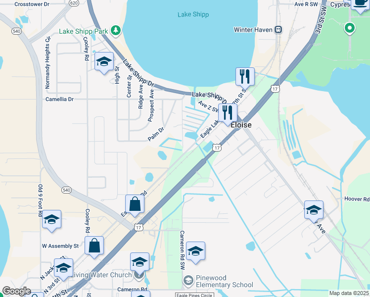map of restaurants, bars, coffee shops, grocery stores, and more near 2044 15th Street Southwest in Winter Haven