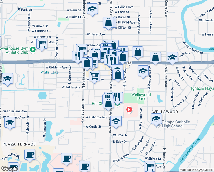 map of restaurants, bars, coffee shops, grocery stores, and more near 5110 North Armenia Avenue in Tampa