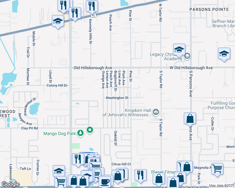 map of restaurants, bars, coffee shops, grocery stores, and more near 5303 Bogdonoff Drive in Seffner