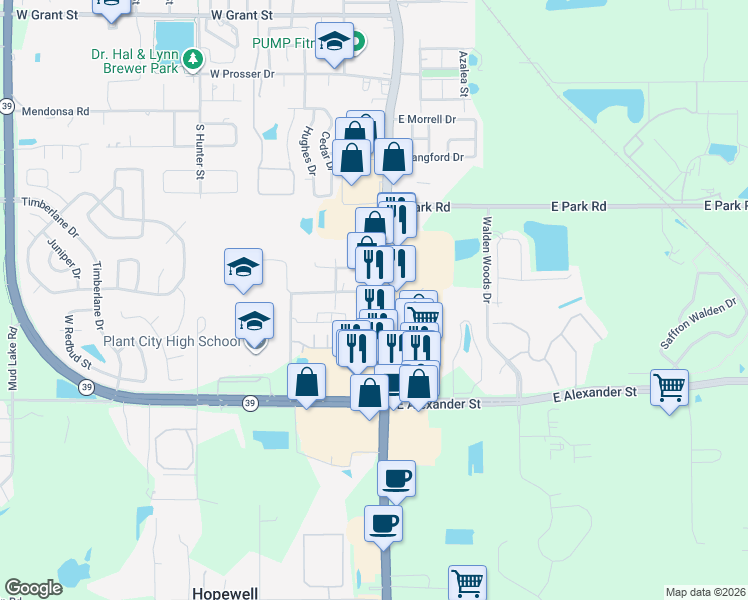 map of restaurants, bars, coffee shops, grocery stores, and more near 2001 James L Redman Parkway in Plant City