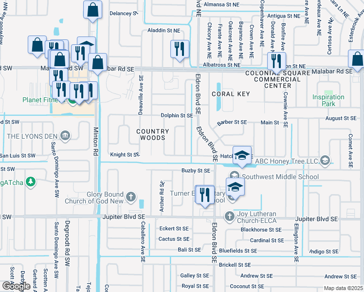 map of restaurants, bars, coffee shops, grocery stores, and more near 326 Decordre Road Southeast in Palm Bay