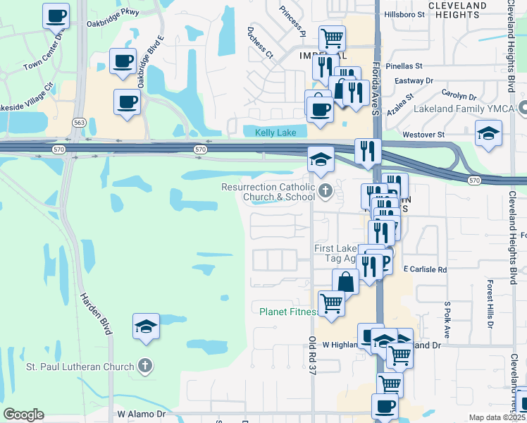 map of restaurants, bars, coffee shops, grocery stores, and more near 477 Nighthawk Drive in Lakeland