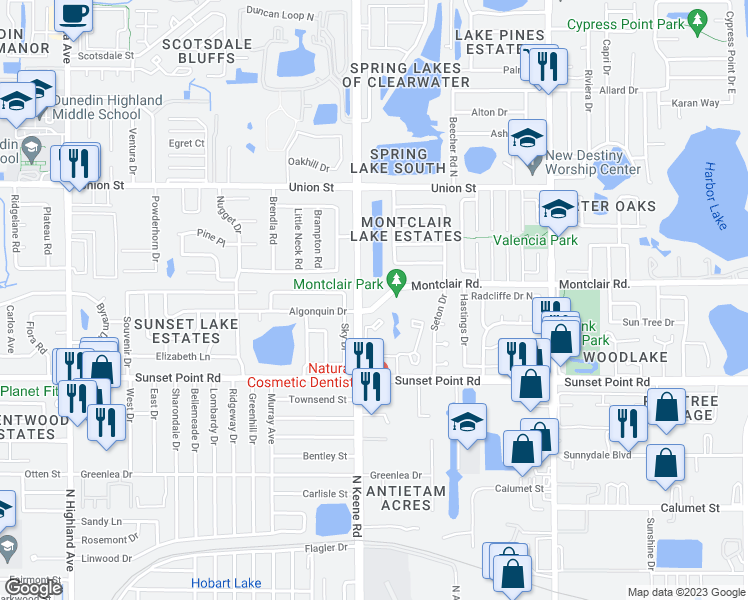 map of restaurants, bars, coffee shops, grocery stores, and more near 1822 Montclair Road in Clearwater