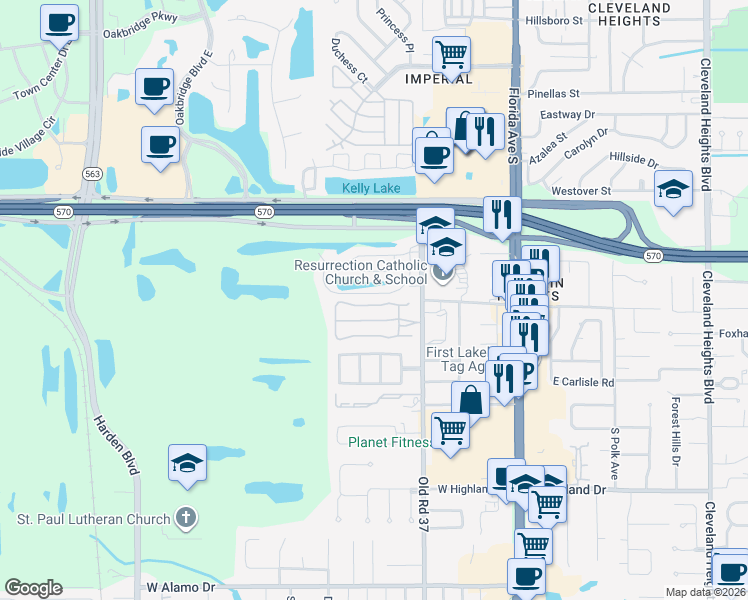 map of restaurants, bars, coffee shops, grocery stores, and more near 451 Nighthawk Drive in Lakeland