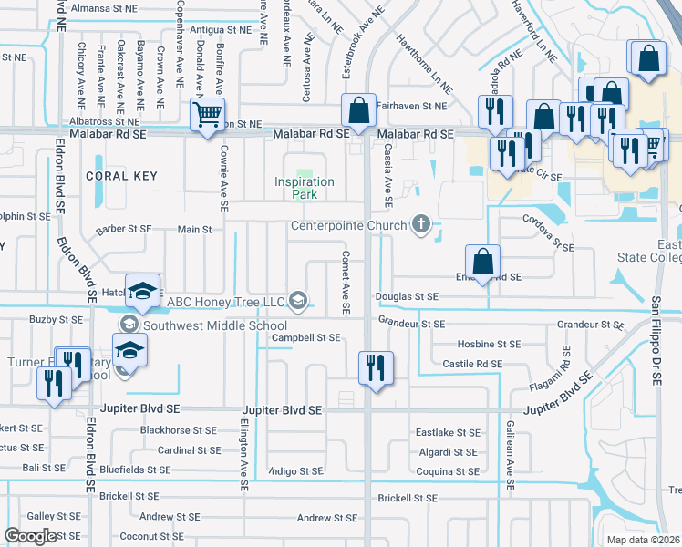 map of restaurants, bars, coffee shops, grocery stores, and more near 314 Trident Avenue Southeast in Palm Bay
