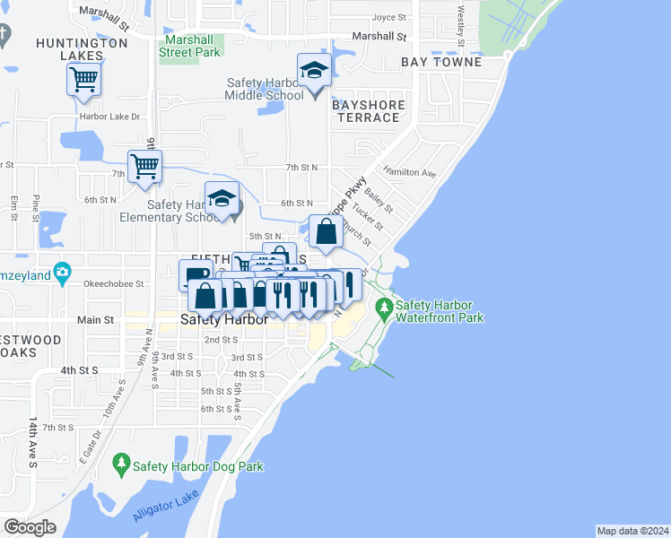 map of restaurants, bars, coffee shops, grocery stores, and more near 101-199 Jefferson Street in Safety Harbor