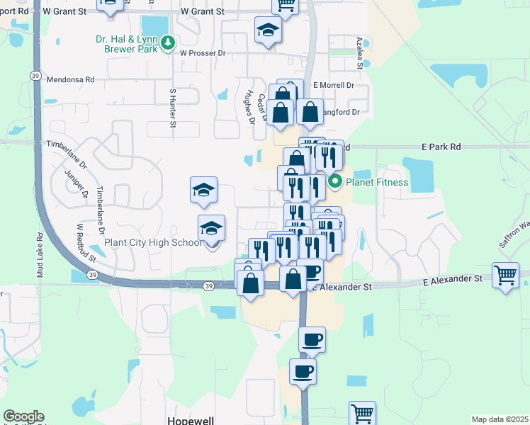 map of restaurants, bars, coffee shops, grocery stores, and more near 110 South Maki Road in Plant City