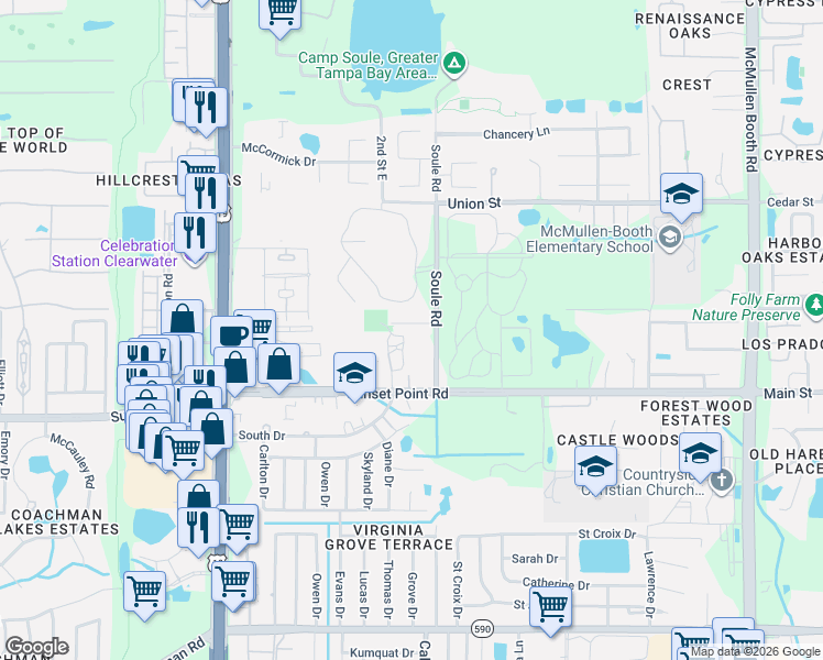 map of restaurants, bars, coffee shops, grocery stores, and more near 2785 Robinwood Drive in Clearwater