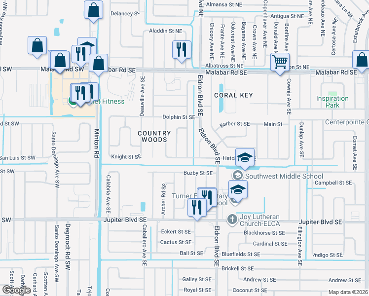 map of restaurants, bars, coffee shops, grocery stores, and more near 326 Decordre Road Southeast in Palm Bay