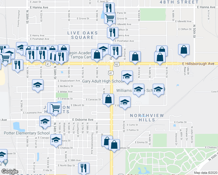 map of restaurants, bars, coffee shops, grocery stores, and more near 5110 North 40th Street in Tampa