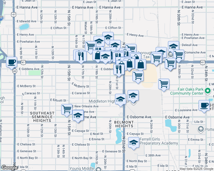 map of restaurants, bars, coffee shops, grocery stores, and more near 5108 North 20th Street in Tampa