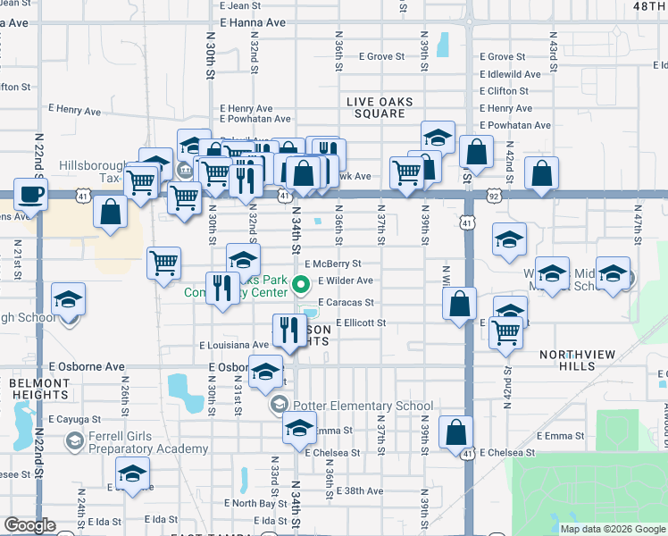 map of restaurants, bars, coffee shops, grocery stores, and more near 3511 East McBerry Street in Tampa