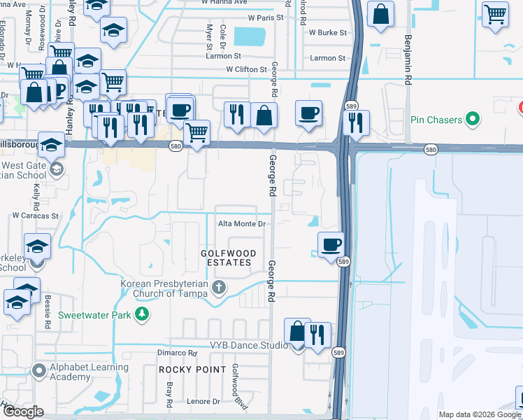 map of restaurants, bars, coffee shops, grocery stores, and more near 6507 La Mesa Circle in Tampa