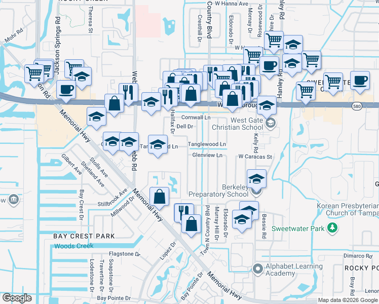 map of restaurants, bars, coffee shops, grocery stores, and more near 8005 Glenview Lane in Tampa