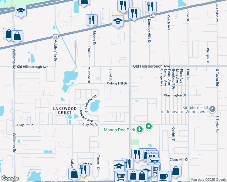 map of restaurants, bars, coffee shops, grocery stores, and more near 5207 Lloyd Street in Seffner