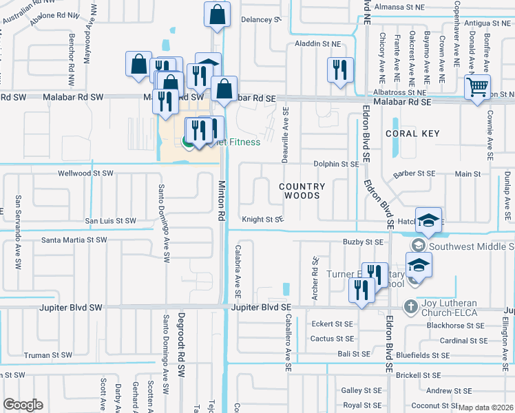 map of restaurants, bars, coffee shops, grocery stores, and more near 120 Angelo Road Southeast in Palm Bay