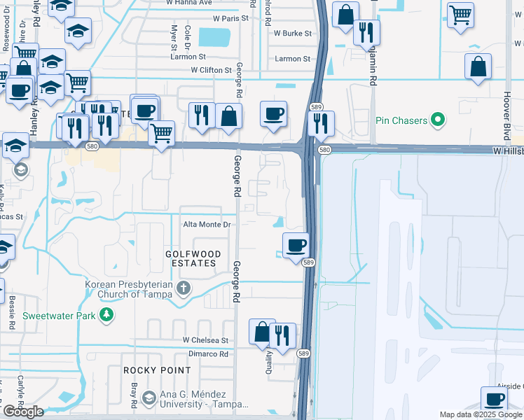 map of restaurants, bars, coffee shops, grocery stores, and more near 6123 Paddock Glen Drive in Tampa