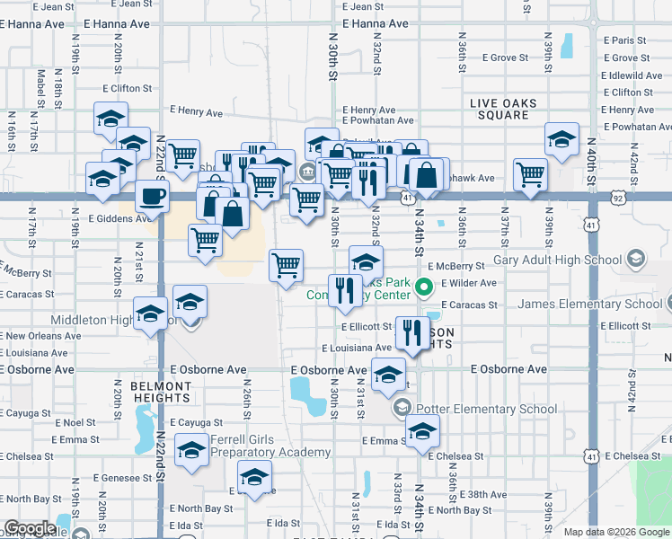 map of restaurants, bars, coffee shops, grocery stores, and more near 3000 East McBerry Street in Tampa
