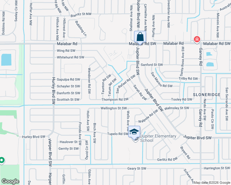 map of restaurants, bars, coffee shops, grocery stores, and more near 1063 San Rafael Road Southwest in Palm Bay