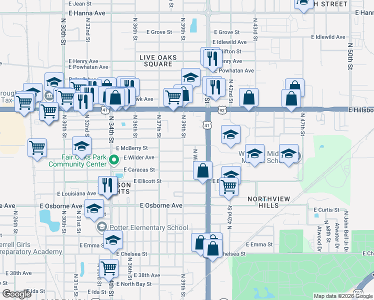 map of restaurants, bars, coffee shops, grocery stores, and more near 5109 North 39th Street in Tampa