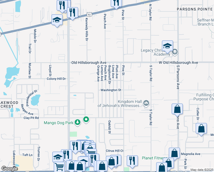 map of restaurants, bars, coffee shops, grocery stores, and more near 5303 Bogdonoff Drive in Seffner
