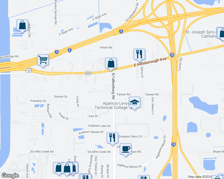 map of restaurants, bars, coffee shops, grocery stores, and more near 5305 North Falkenburg Road in Tampa