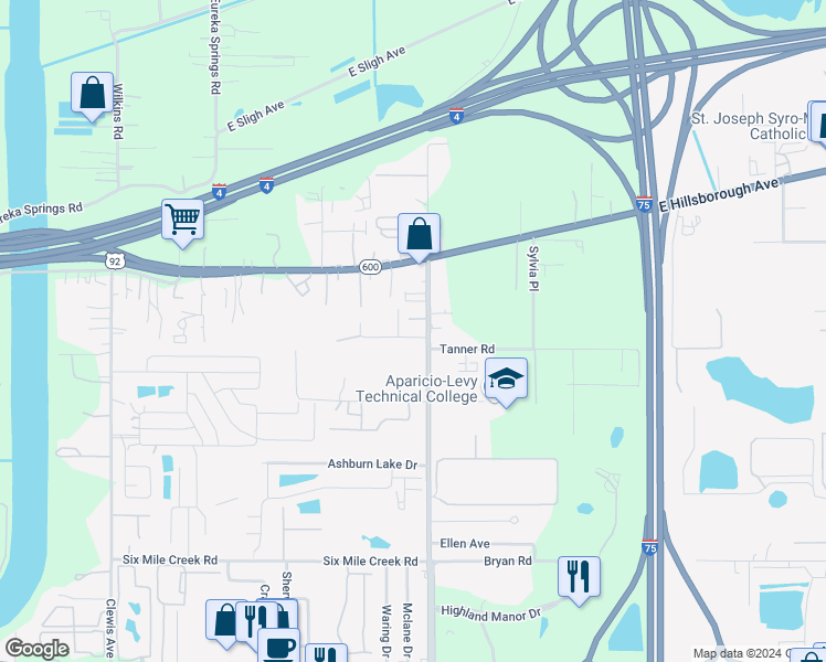 map of restaurants, bars, coffee shops, grocery stores, and more near 10026 East Wilder Avenue in Tampa