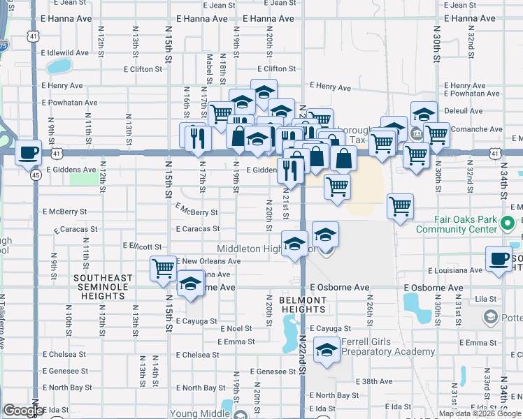map of restaurants, bars, coffee shops, grocery stores, and more near 5108 North 20th Street in Tampa